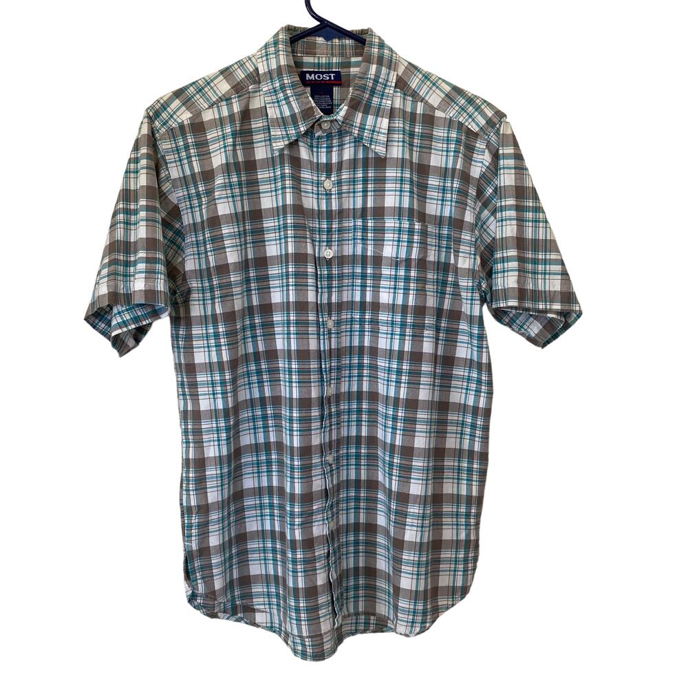 Most Short Sleeve Collared Plaid Button Up Dress Shirt 100% Cotton Size Medium